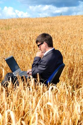 Young successful businessman works in field on notebook