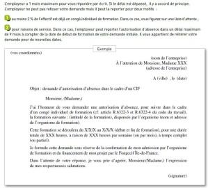 Lettre d'autorisation d'absence pour formation continue avec le CIF, 4 mois avant le début